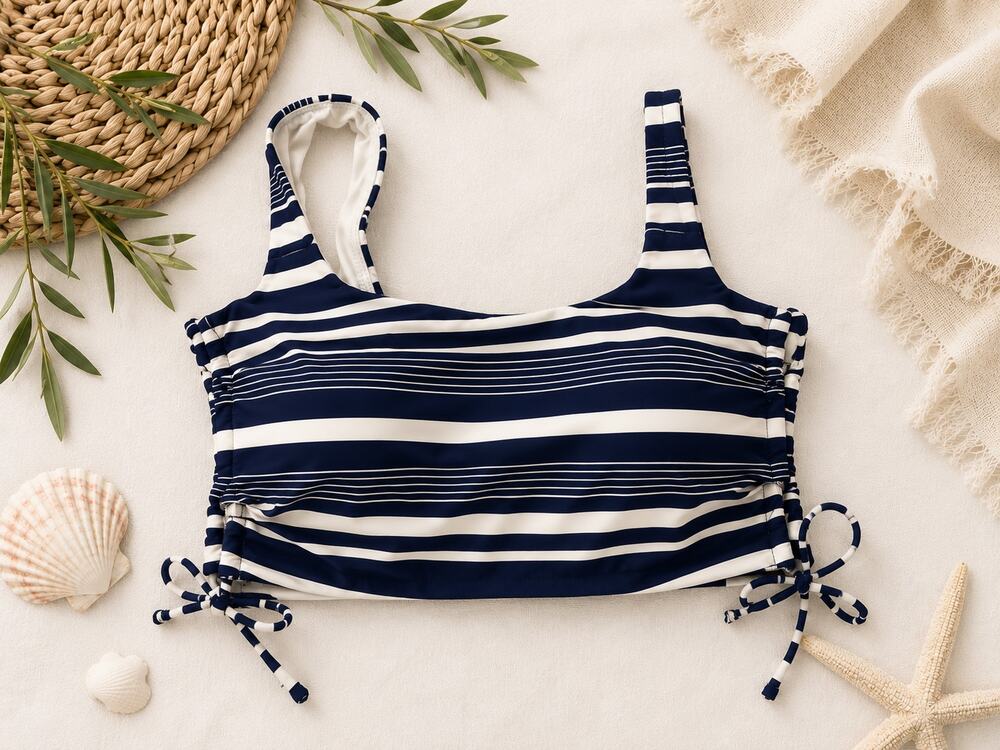 NWT Aerie Women's Scoop Striped Side Tie Bikini Top Navy White Size S